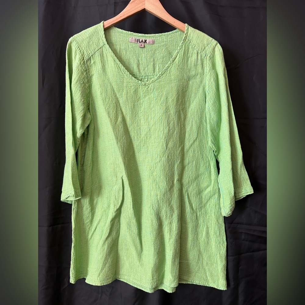 Flax Tunic Top Shirt Green Striped 100% Linen Lagenlook Minimilist Oversized